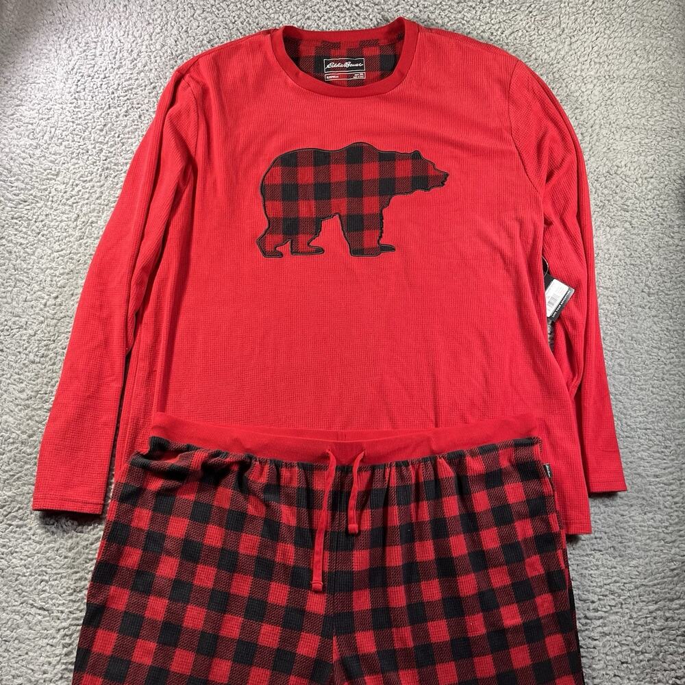 Eddie Bauer Pajama Set Mens 3XL Red Buffalo Plaid Bear Fleece Waffle Sleepwear